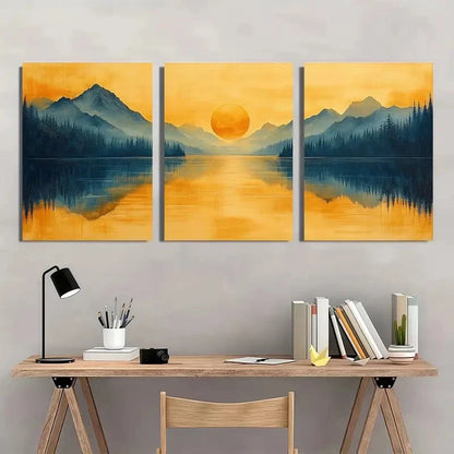 3pcs Serene Mountain Lake Scene Golden Wall Art Set Canvas Framed 60x90cm - High Quality Print 100% Australian Made Wall Canvas Ready to Hang