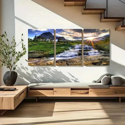 3pcs Mountains Streams Rising Sun Wall Art Set Canvas Unframed - High Quality Print 100% Australian Made Wall Canvas