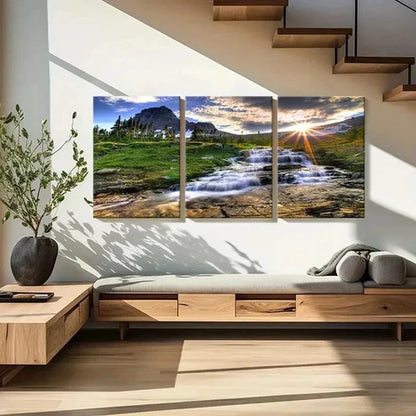 3pcs Mountains Streams Rising Sun Wall Art Set Canvas Unframed - High Quality Print 100% Australian Made Wall Canvas