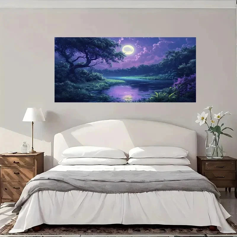 Moonlit River Night Scene Wall Art Canvas Office Home Room Framed 120x60cm