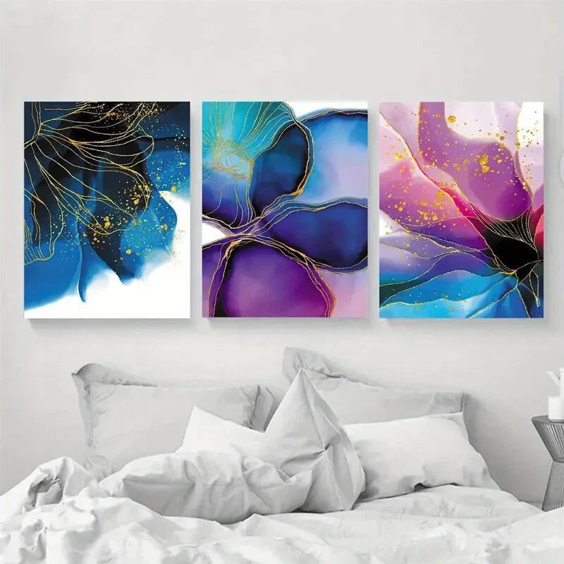 3pcs Purple and Blue Abstract Floral Design Metal Print Ready to Hang Art