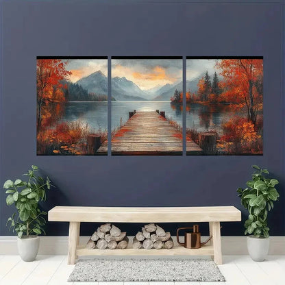 3pcs Autumn Lake Painting Vintage Landscape Metal Print Ready to Hang Art - Bella Home Decor