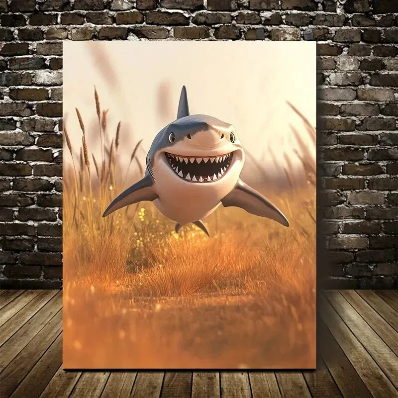 Cartoon Shark Running on Savannah Painting 40x60cm Metal Print Ready to Hang