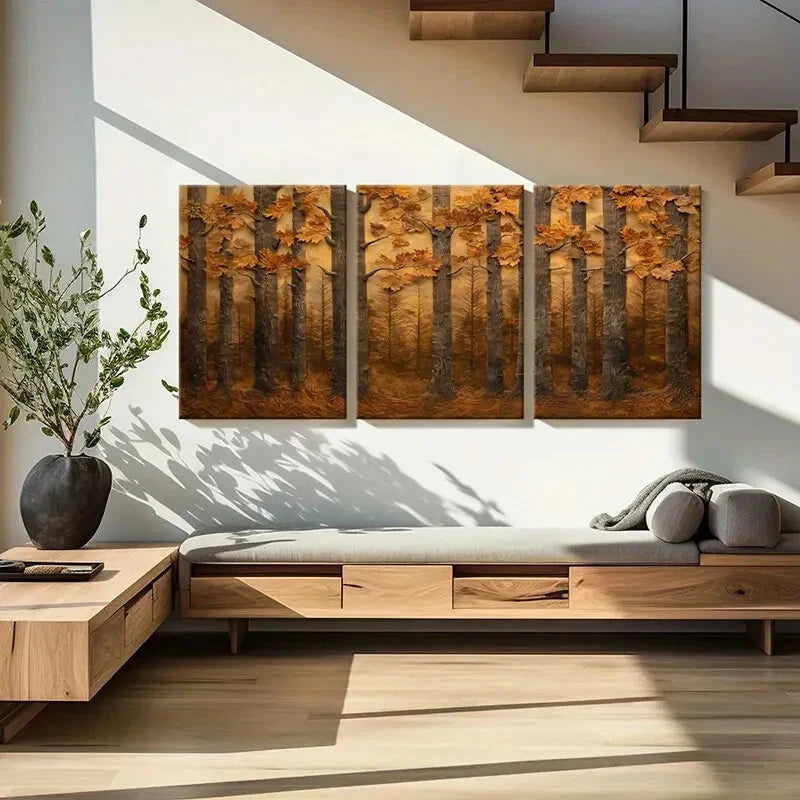 3pcs Autumn Forest Landscape Warm Tones Metal Print Ready to Hang Art - Bella Home Decor