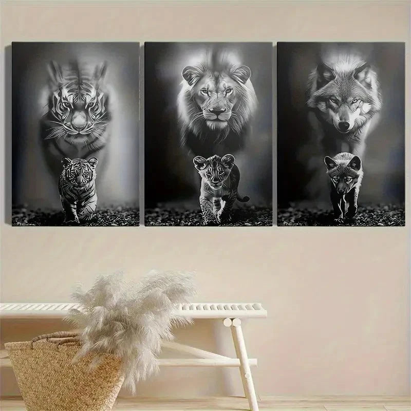 3pcs Black & White Wildlife Portraits Metal Print Ready to Hang Art - Bella Home Decor