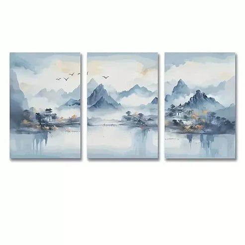 3pcs Modern Blue Abstract Mountain Murals Wall Art Canvas Unframed - High Quality Print 100% Australian Made Wall Canvas