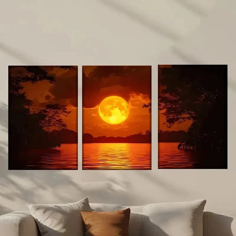 3pcs Abstract Moon Above a Lake Wall Art Set Canvas Framed 50x70cm - High Quality Print 100% Australian Made Wall Canvas Ready to Hang - Bella Home Decor