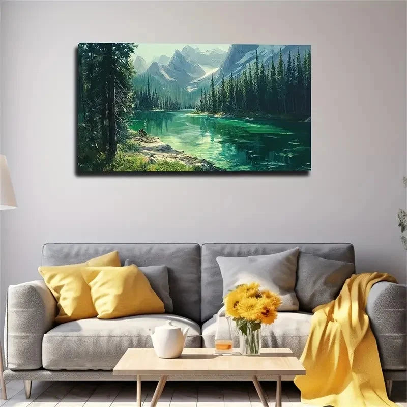 Vibrant Mountain Lake Scene Wall Art Canvas Office Home Room Framed 120x60cm