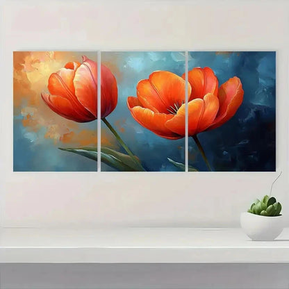 3pcs Vibrant Orange & Red Tulips with Sunset Metal Print Ready to Hang Art - Bella Home Decor