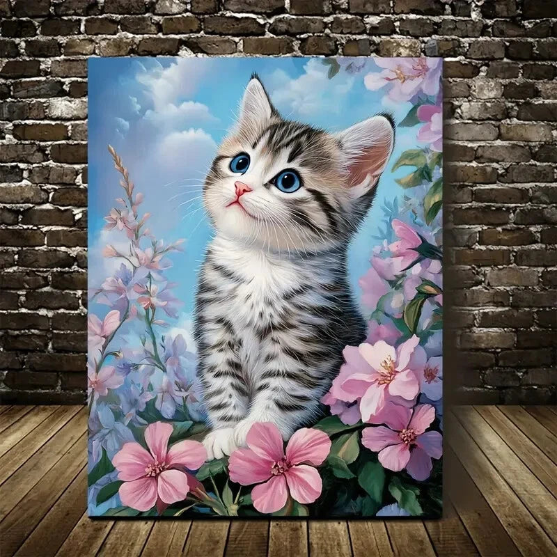 American Shorthair Kitten with Flowers Painting 40x60cm Metal Print Ready to Hang - Bella Home Decor