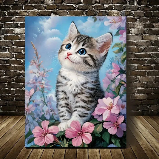 American Shorthair Kitten with Flowers Painting 40x60cm Metal Print Ready to Hang - Bella Home Decor