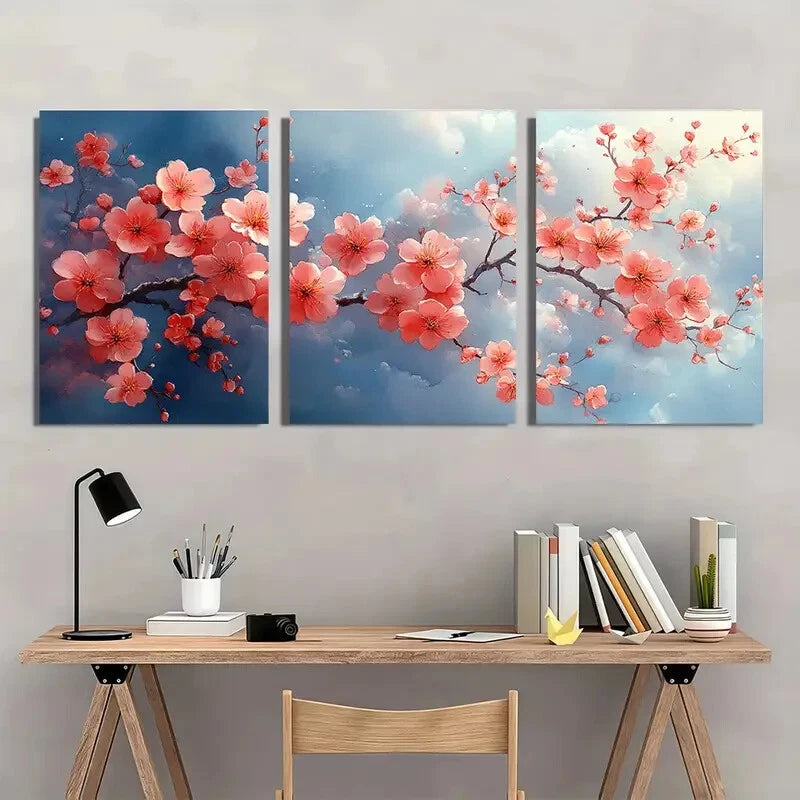3pcs Pink Flowers & Blooming Tree Design Metal Print Ready to Hang Art - Bella Home Decor