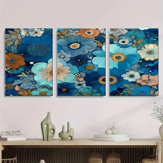 3pcs Abstract Floral Flowers In Shades Of Blue Wall Art Set Canvas Framed 40x60cm - High Quality Print 100% Australian Made Wall Canvas Ready to Hang