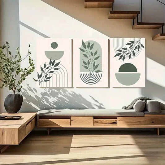 3pcs Green and Beige Boho Floral Metal Print Ready to Hang Art