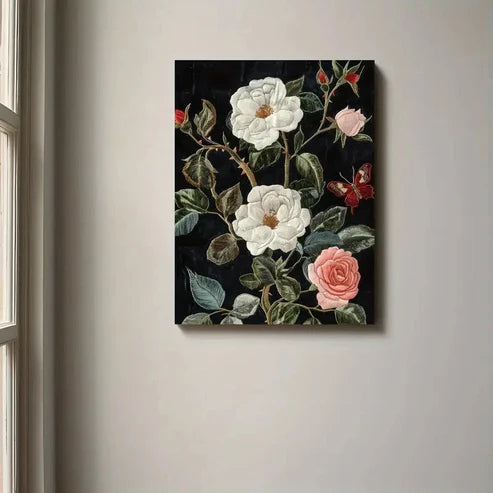 Beautiful Blooms & Green Leaves On Dark Painting 60x90cm Metal Print Ready to Hang