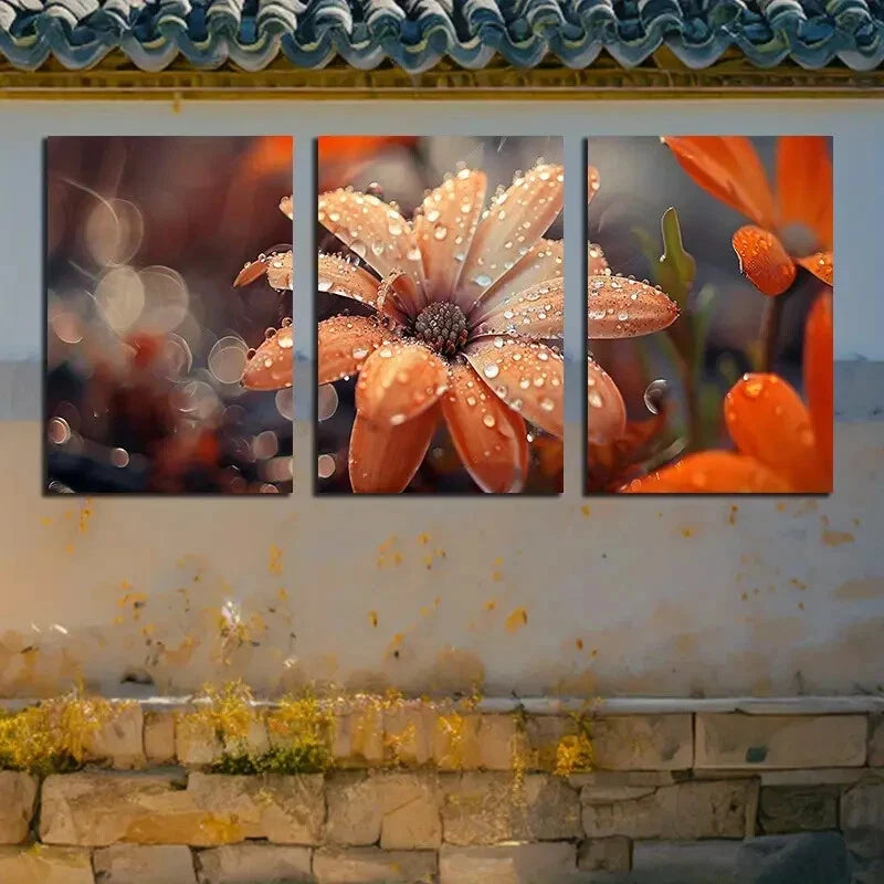 3pcs Charming Blooming Flowers with Water Droplets Metal Print Ready to Hang Art - Bella Home Decor