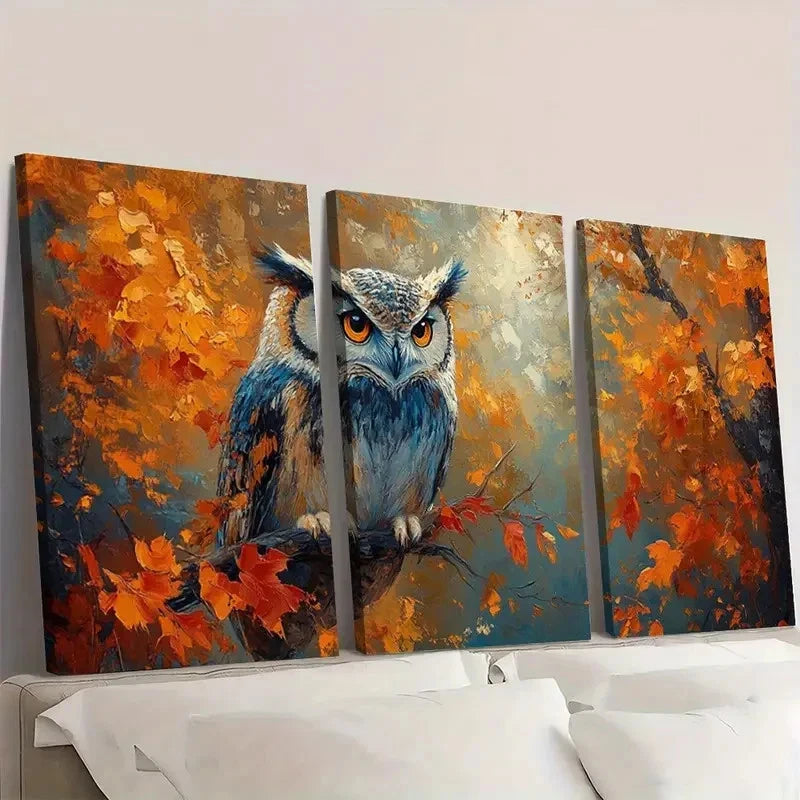 3pcs  Vibrant Autumn Owl Painting AO    Wall Art Set Canvas Framed 50x70cm - High Quality Print 100% Australian Made Wall Canvas Ready to Hang - Bella Home Decor