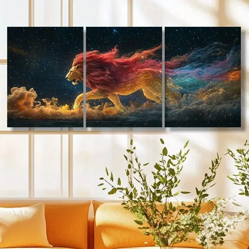 3pcs Vibrant Lion with Colorful Mane & Wings Metal Print Ready to Hang Art - Bella Home Decor