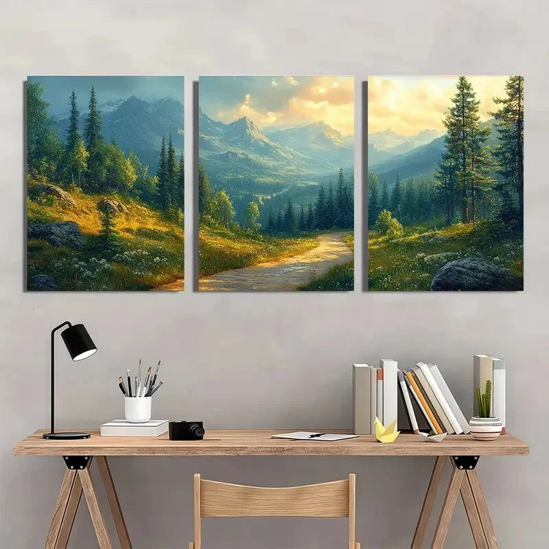 3pcs Forest Landscape with Mountain Path Metal Print Ready to Hang Art - Bella Home Decor