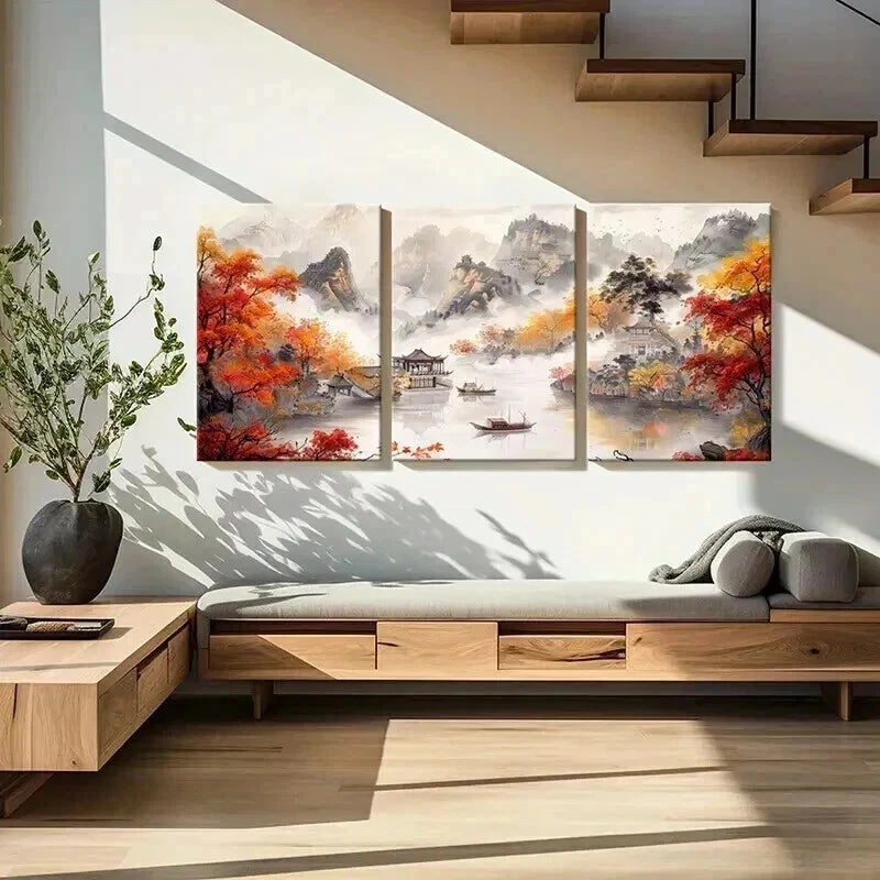 3pcs Chinese Autumn Mountain & River Scene Metal Print Ready to Hang Art - Bella Home Decor