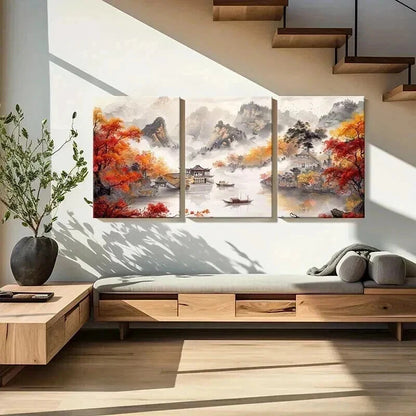 3pcs Chinese Autumn Mountain & River Scene Metal Print Ready to Hang Art - Bella Home Decor