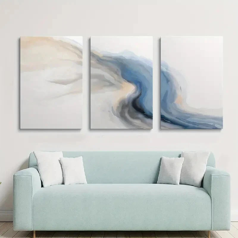 3pcs Bohemian Style Abstract Blue & Gray Metal Print Ready to Hang Art - Bella Home Decor