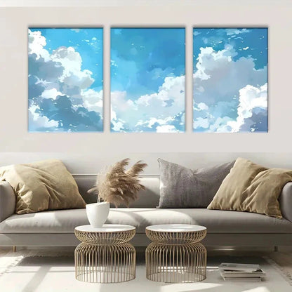 3pcs Painting Blue Sky & White Clouds Metal Print Ready to Hang Art - Bella Home Decor
