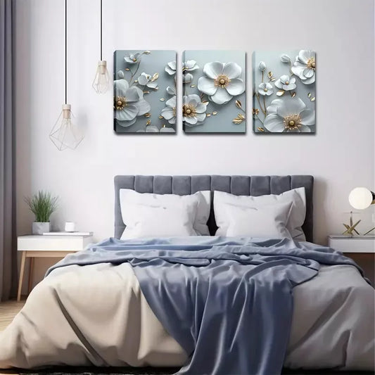 3pcs Three-Dimensional, White Flowers Wall Art Set Canvas Framed 40x60cm - High Quality Print 100% Australian Made Wall Canvas Ready to Hang