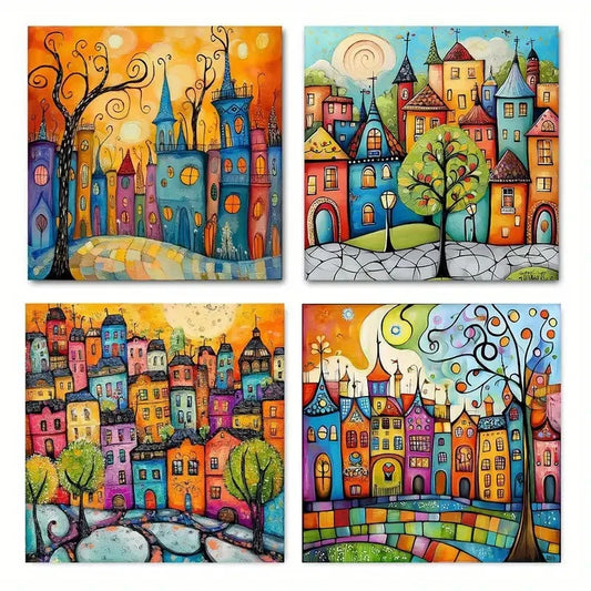 4pcs Colorful Houses Wall Art Canvas Framed