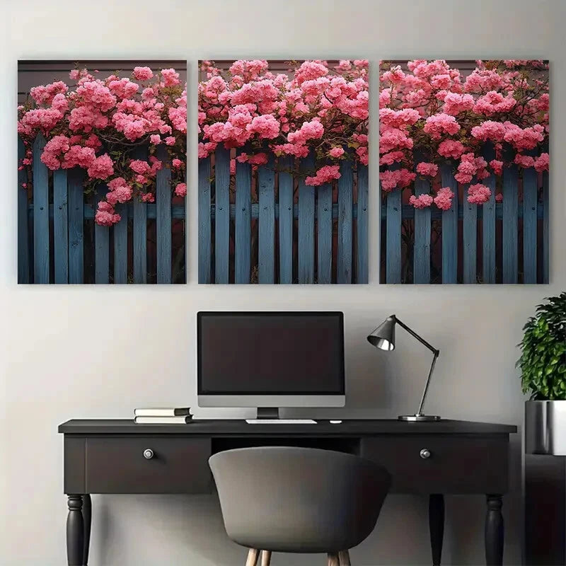 3pcs Pink Floral Growing Around Fencing Metal Print Ready to Hang Art - Bella Home Decor