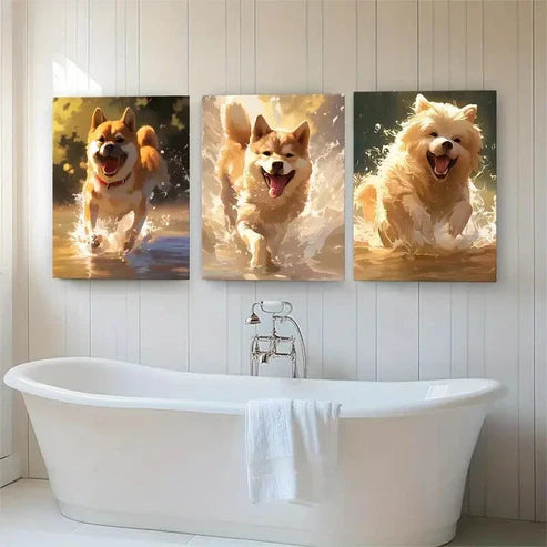 3pcs Playful Dogs Splashing in Water Perfect Wall Art Canvas Unframed - High Quality Print 100% Australian Made Wall Canvas