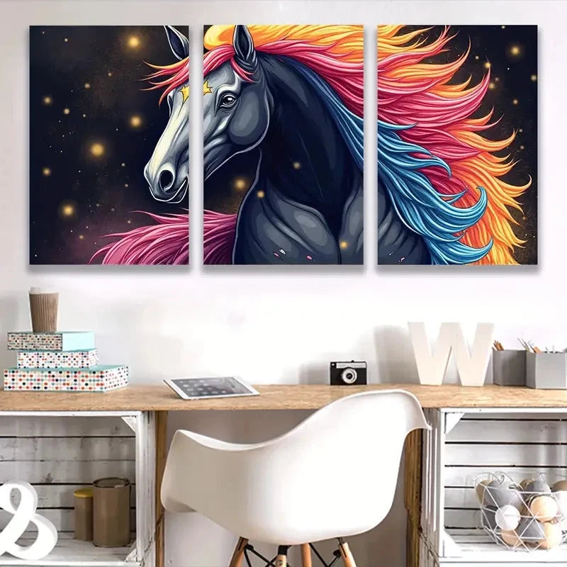 3pcs Colorful Dark Horse Prints Night BackWall Art Set Canvas Framed 50x70cm - High Quality Print 100% Australian Made Wall Canvas Ready to Hang - Bella Home Decor