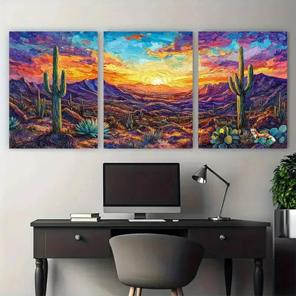 3pcs Colorful Abstract Succulent Sunset Mountain Metal Print Ready to Hang Art - Bella Home Decor
