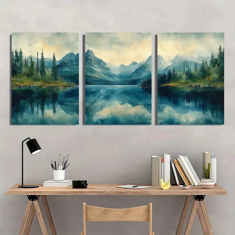 3pcs Mountain Lake Watercolor Glacier Park Metal Print Ready to Hang Art - Bella Home Decor