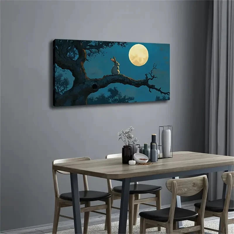 Rabbit Sitting Branch Moon Wall Art Canvas Office Home Room Framed 120x60cm - Bella Home Decor