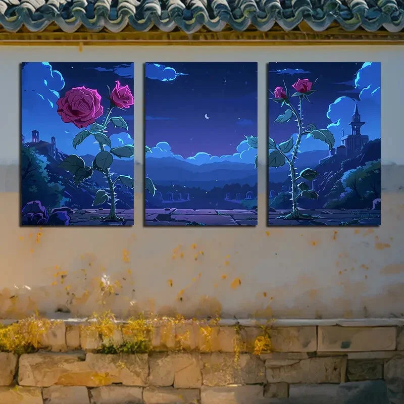 3pcs Elegant Roses Night Themed Design Metal Print Ready to Hang Art - Bella Home Decor