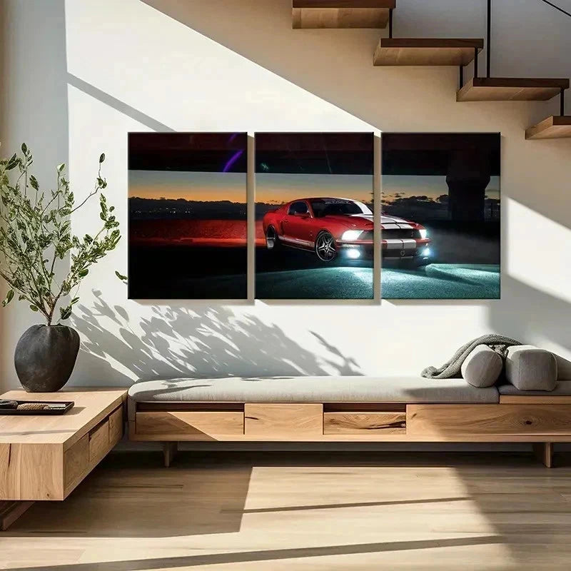 3pcs Sunset Red Ford Sport Car Modern Wall Art Set Canvas Framed 50x70cm - High Quality Print 100% Australian Made Wall Canvas Ready to Hang