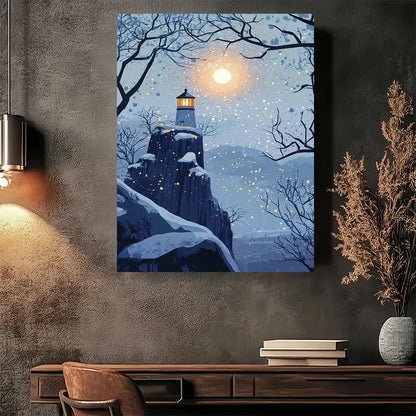 Beautiful Snowy Lighthouse Night Scene Painting 40x60cm Metal Print Ready to Hang - Bella Home Decor