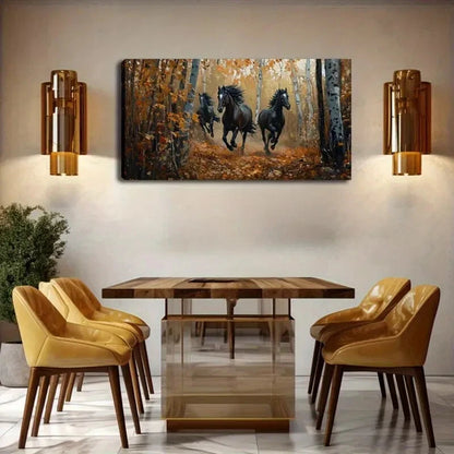 Black Horses Running in Autumn Wall Art Canvas Office Home Room Framed 120x60cm - Bella Home Decor
