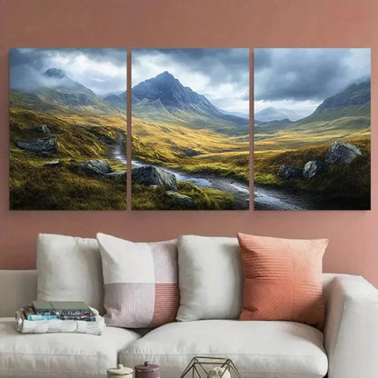 3pcs Celtic Highlands Moody Mountain Landscape Wall Art Set Canvas Framed 60x90cm - High Quality Print 100% Australian Made Wall Canvas Ready to Hang - Bella Home Decor