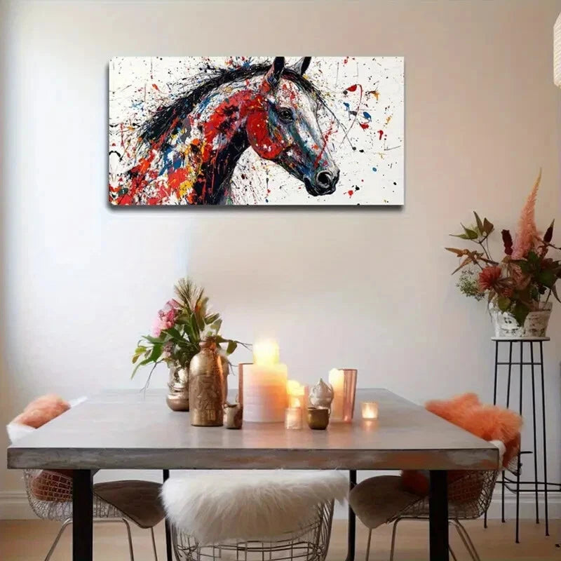 Vibrant Splatter Horse Design Wall Art Canvas Office Home Room Framed 120x60cm - Bella Home Decor