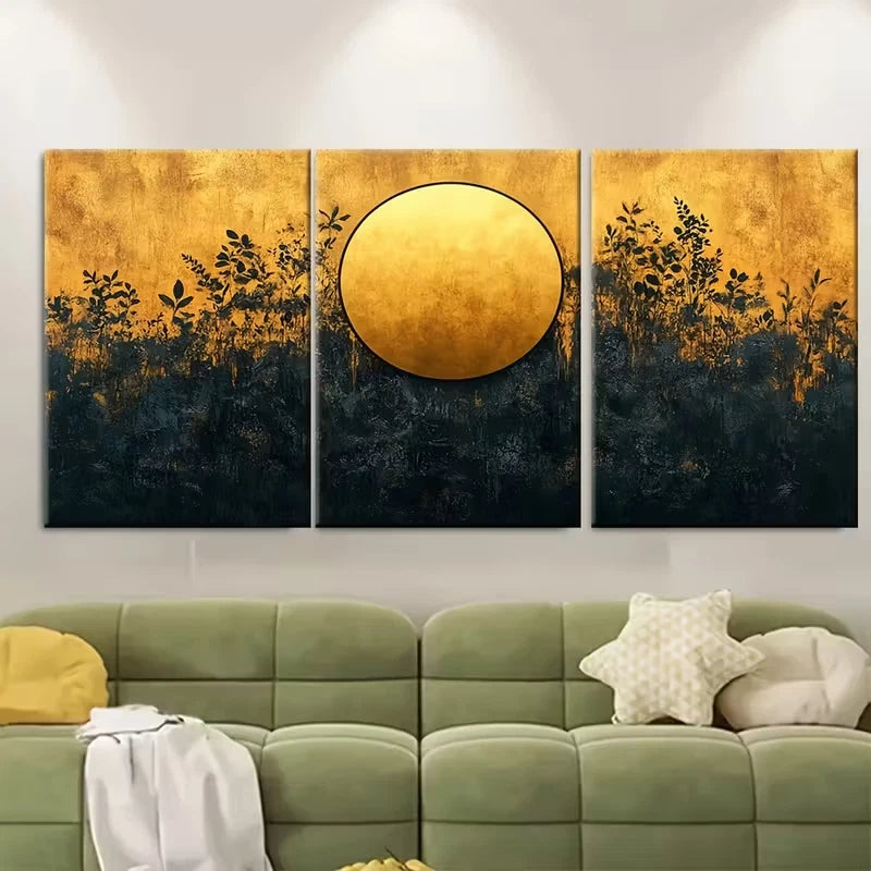 3pcs Abstract Golden Circle with Dark Floral Shape Metal Print Ready to Hang Art - Bella Home Decor