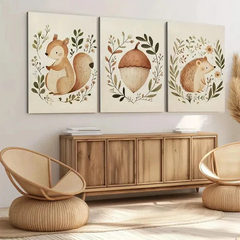 3pcs Squirrel Hedgehog Acorn Green Leaves Tail Wall Art Canvas Unframed - High Quality Print 100% Australian Made Wall Canvas