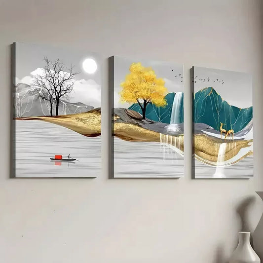 3pcs Modern Abstract Golden Nature Landscape Art Set Canvas Framed 50x70cm - High Quality Print 100% Australian Made Wall Canvas Ready to Hang