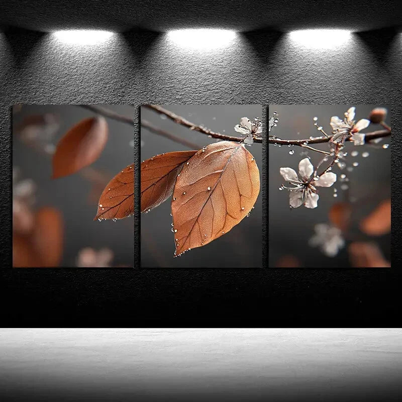 3pcs Brown Leaves and White Flowers Illustration Metal Print Ready to Hang Art