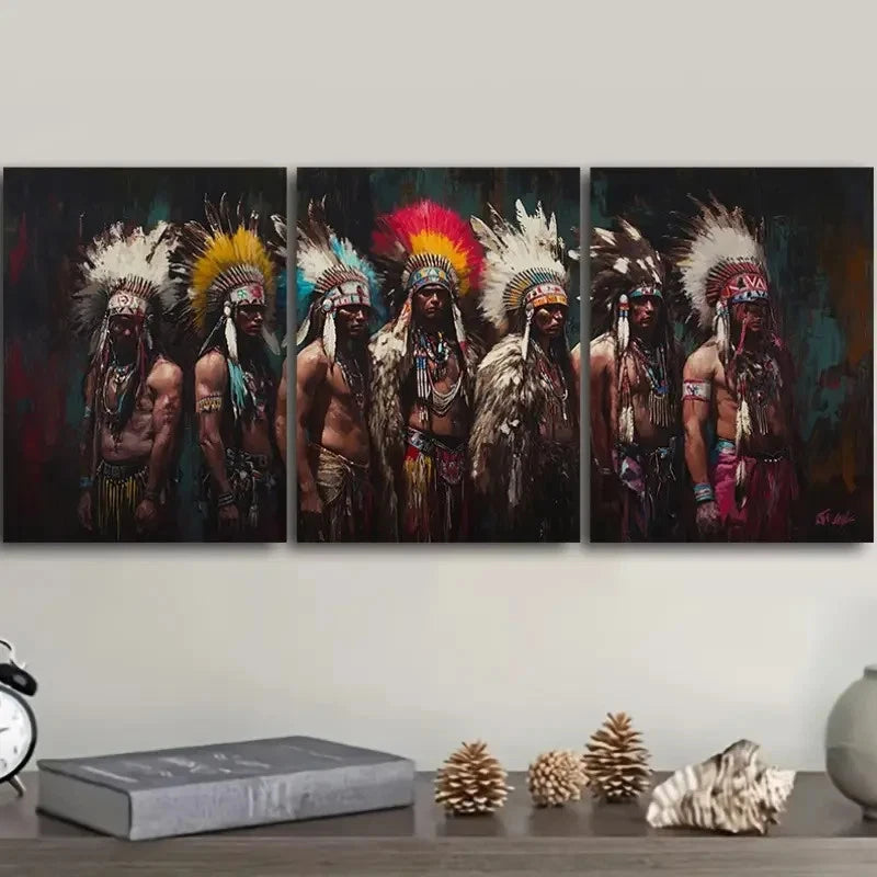3pcs Aboriginal Headdress Design Painting Metal Print Ready to Hang Art - Bella Home Decor