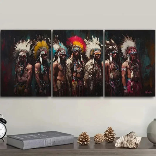 3pcs Aboriginal Headdress Design Painting Metal Print Ready to Hang Art