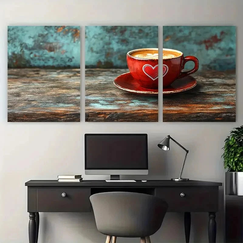 3pcs Coffee Cup with Heart Illustration Wall Art Set Canvas Framed 40x60cm - High Quality Print 100% Australian Made Wall Canvas Ready to Hang - Bella Home Decor