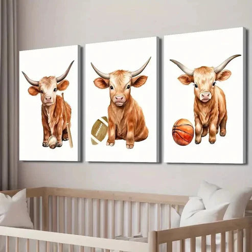 3pcs Cow Baseball Football Basketball Wall Art Set Canvas Unframed - High Quality Print 100% Australian Made Wall Canvas - Bella Home Decor