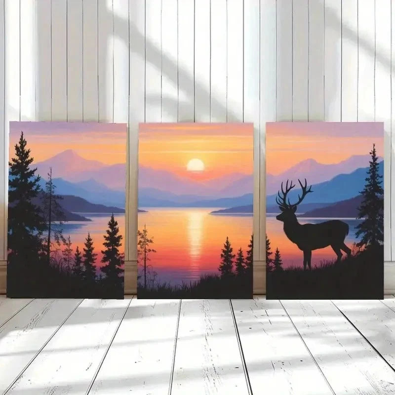 3pcs Deer Sunset Mountains Pine Trees Metal Print Ready to Hang Art - Bella Home Decor